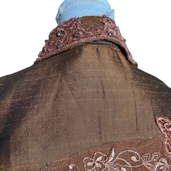 56% Silk Lace Beaded Jacket S Coldwater Creek Bronze Floral Metallic Button-up - Picture 15 of 16